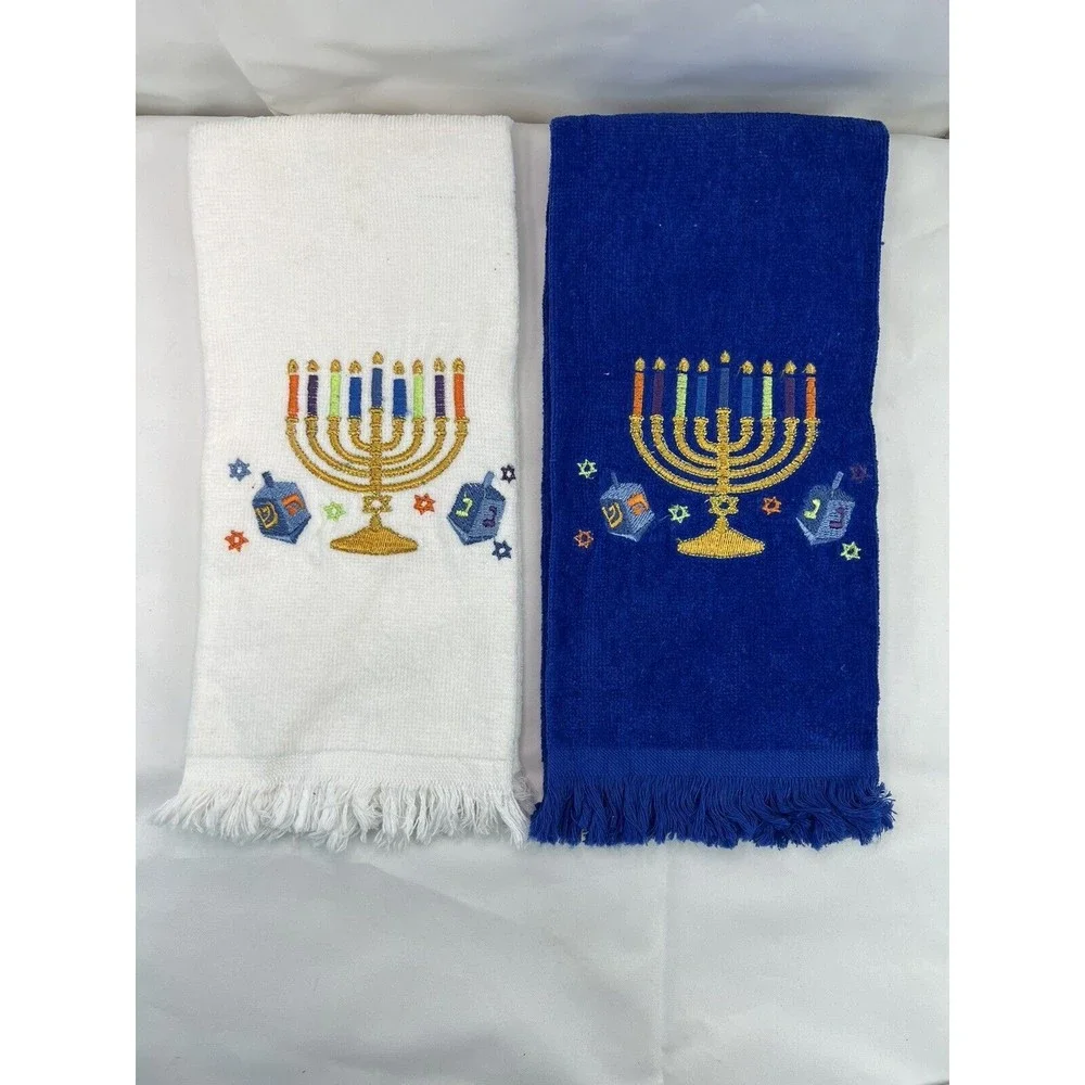 2 Pcs Set Rite Lite Chanukah Sparkle Printed Towel 1 White‎ & 1 Blue 24x15”